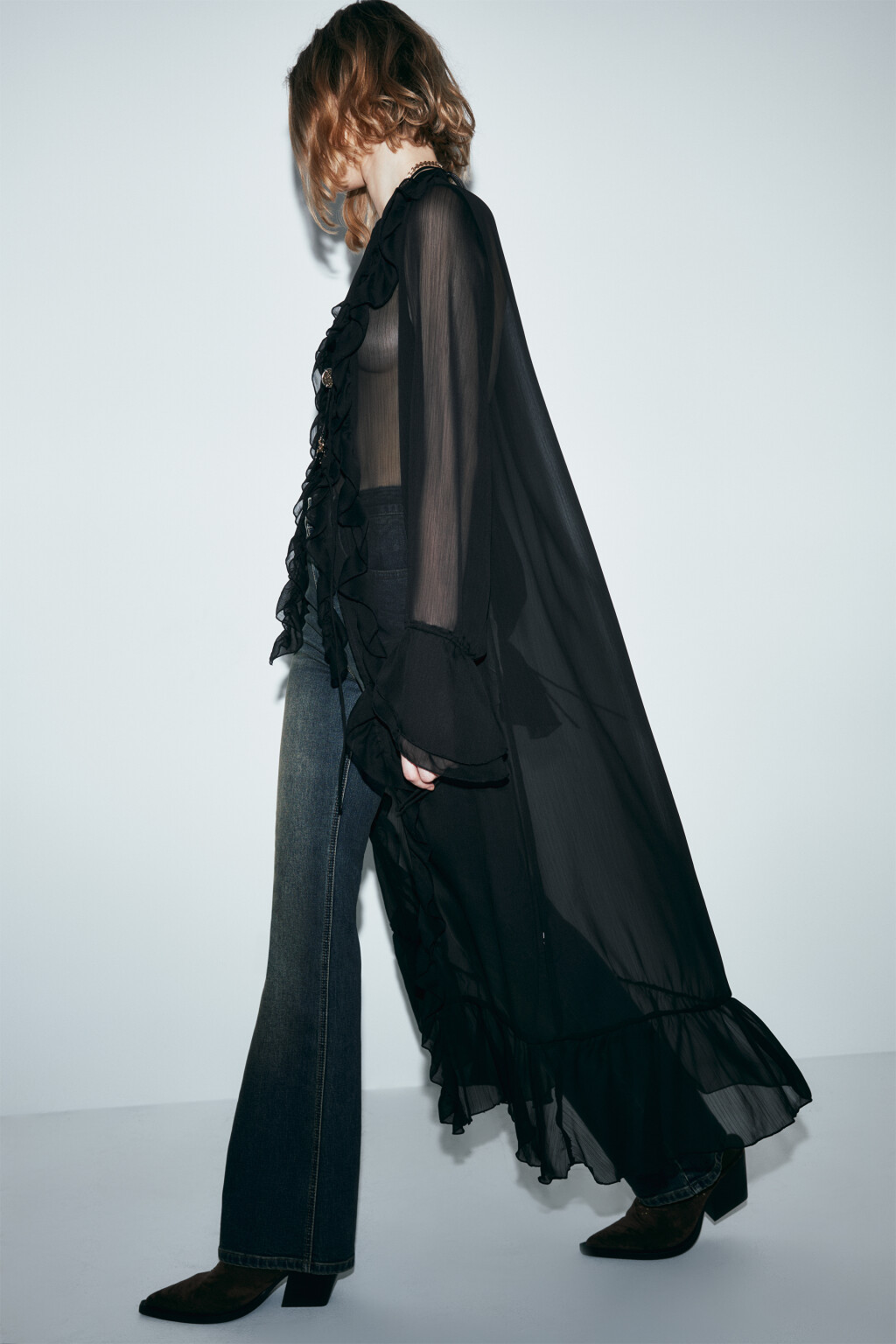 Блузка шифоновая на завязках со шлейфом - цвет черный - 1