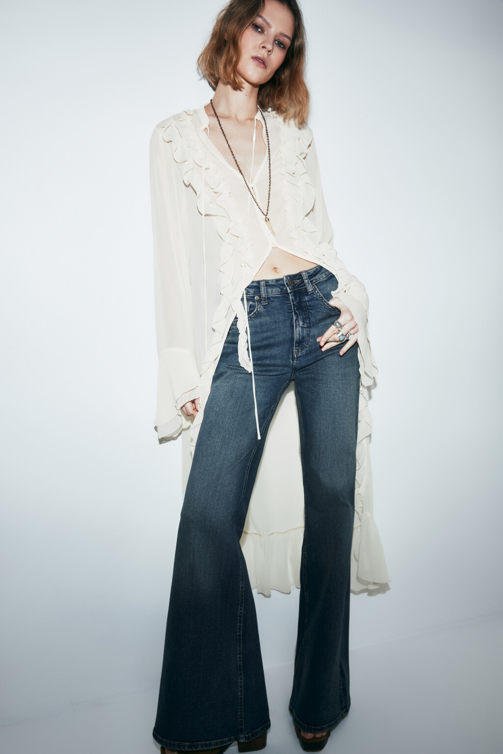 Блузка шифоновая на завязках со шлейфом - цвет молочный - 2