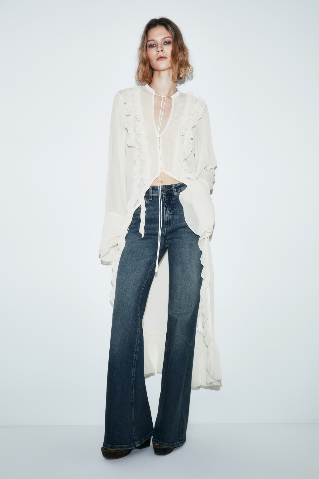 Блузка шифоновая на завязках со шлейфом - цвет молочный - 3