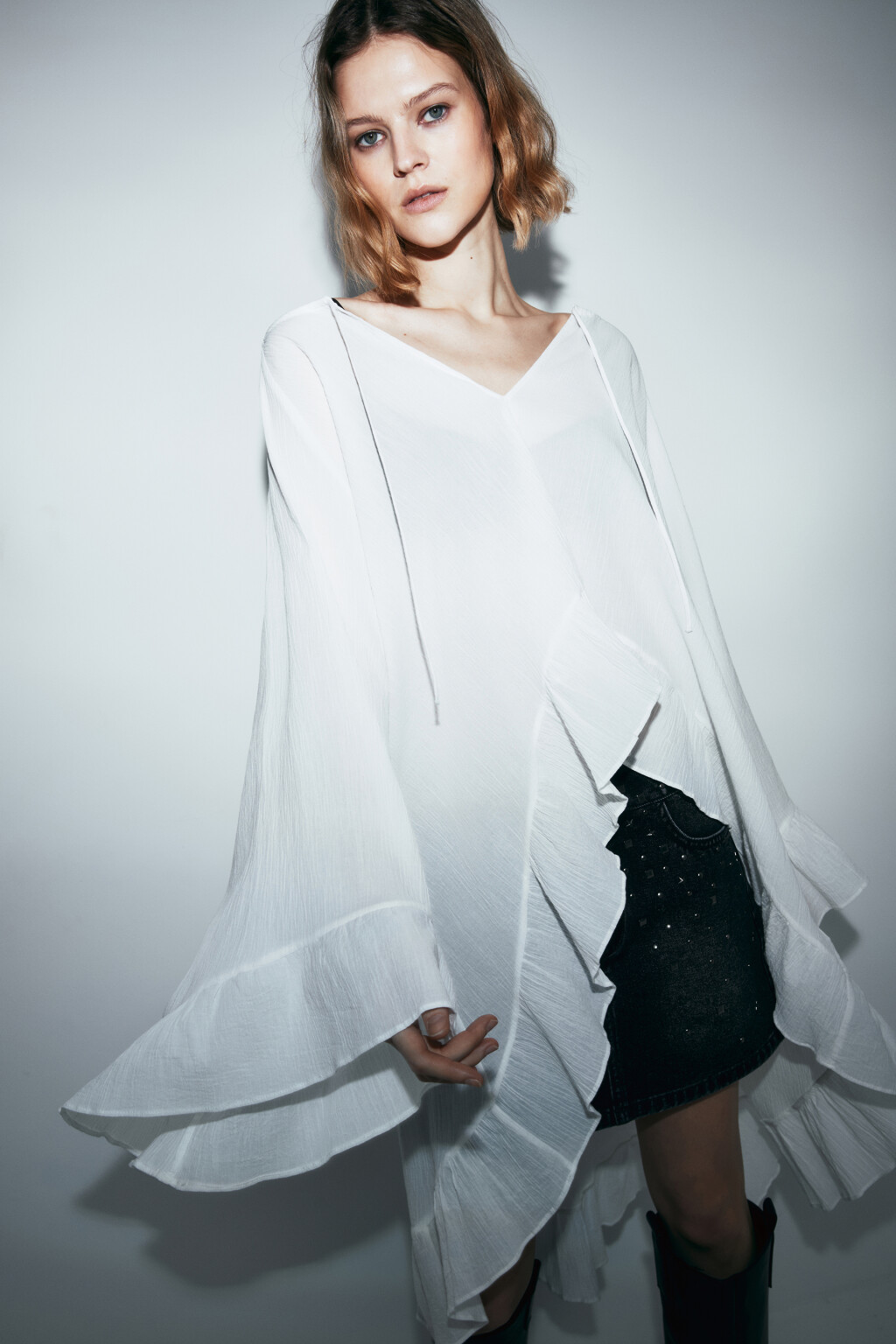 Блузка-туника из жатого хлопка с оборками - цвет молочный - 1