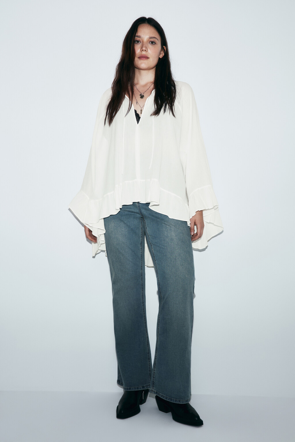 Блузка-туника из жатого хлопка с оборками - цвет молочный - 5