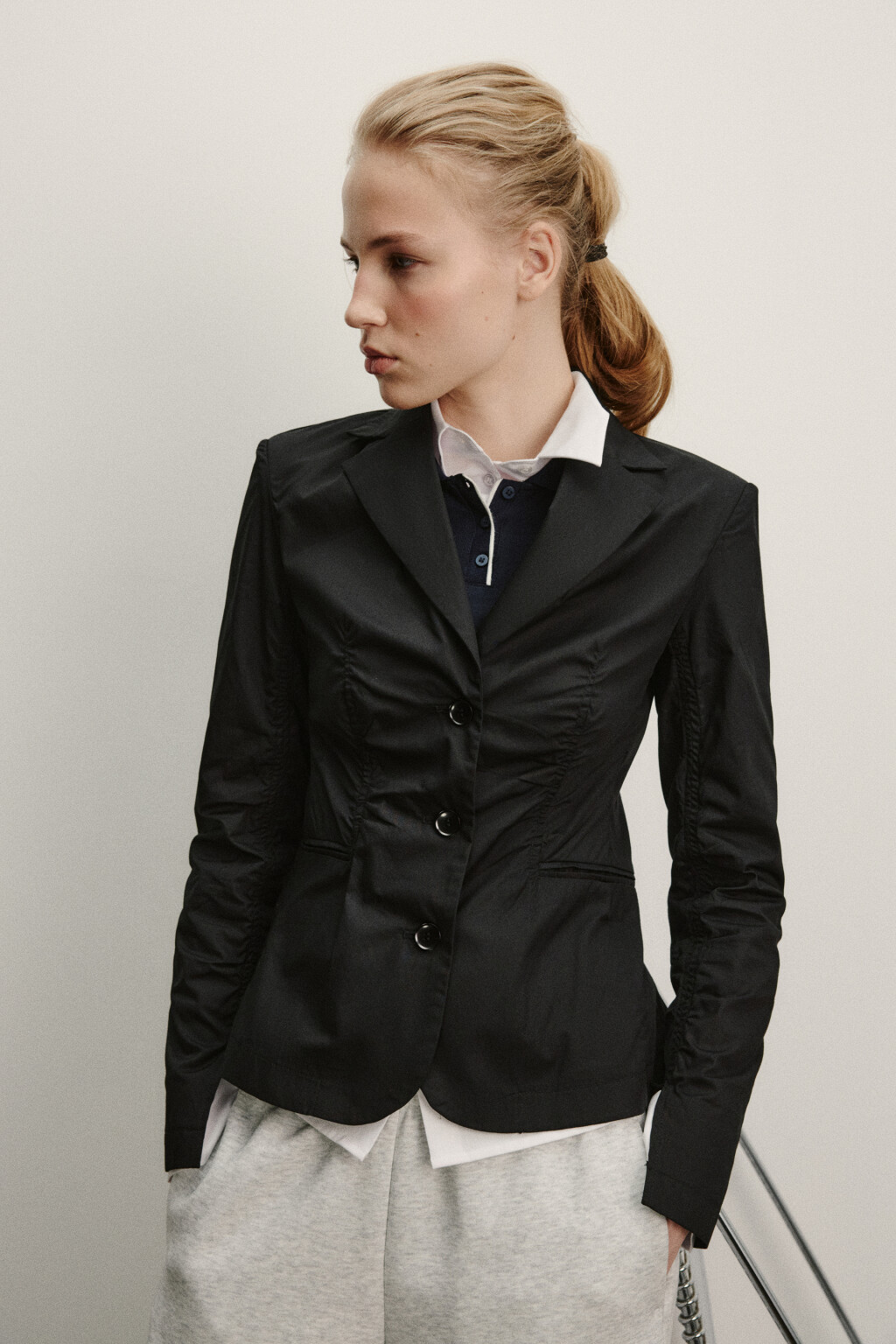 Рубашка-жакет хлопковая приталенная с оборками - цвет черный - 2