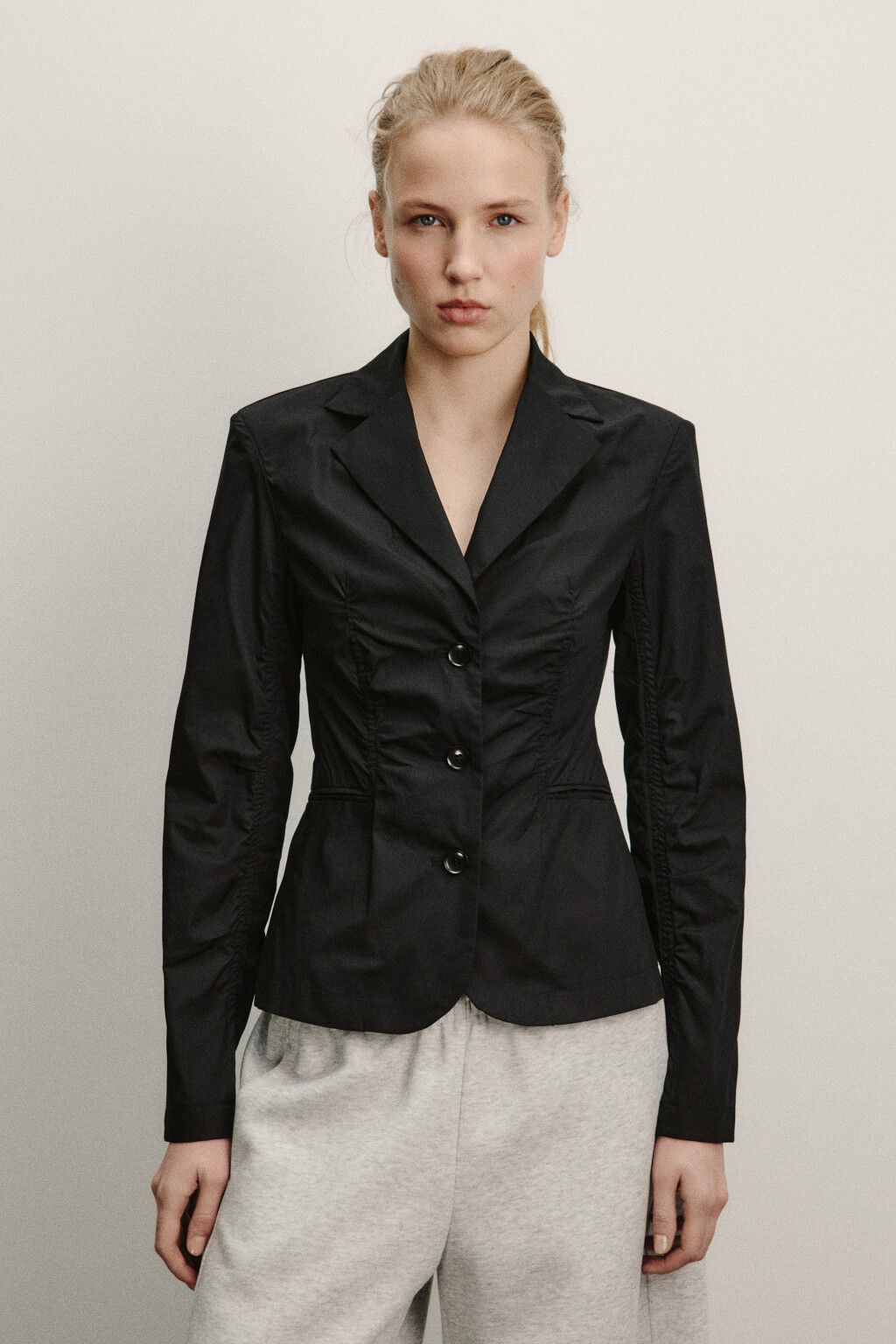 Рубашка-жакет хлопковая приталенная с оборками - цвет черный - 3