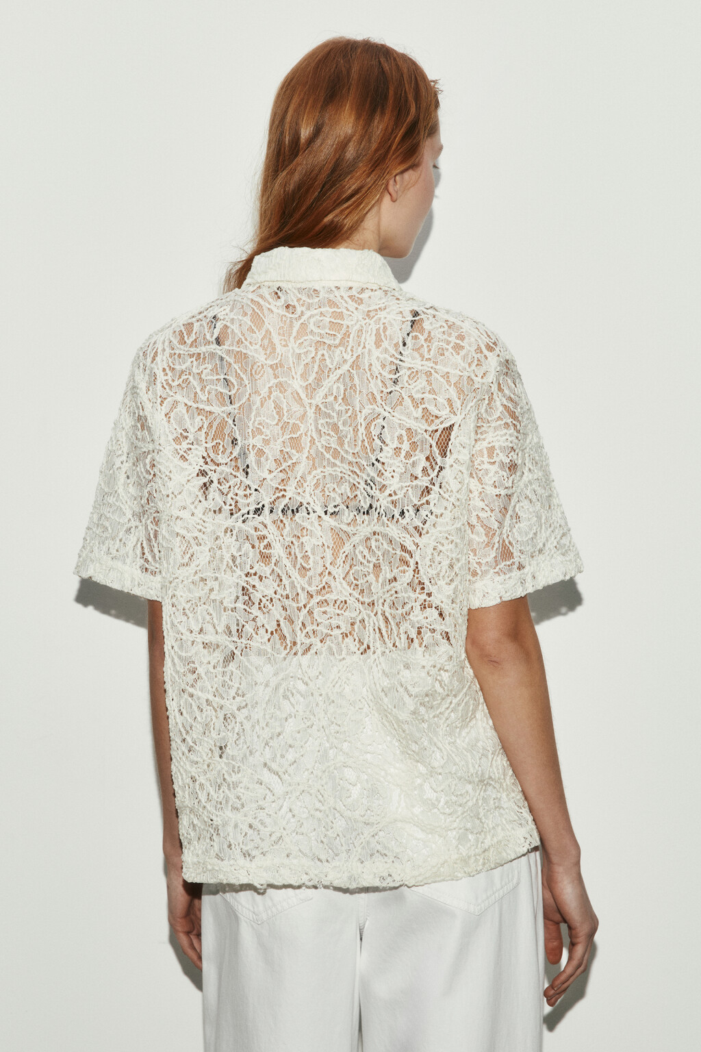 Рубашка ажурная с короткими рукавами - цвет ванильный - 3