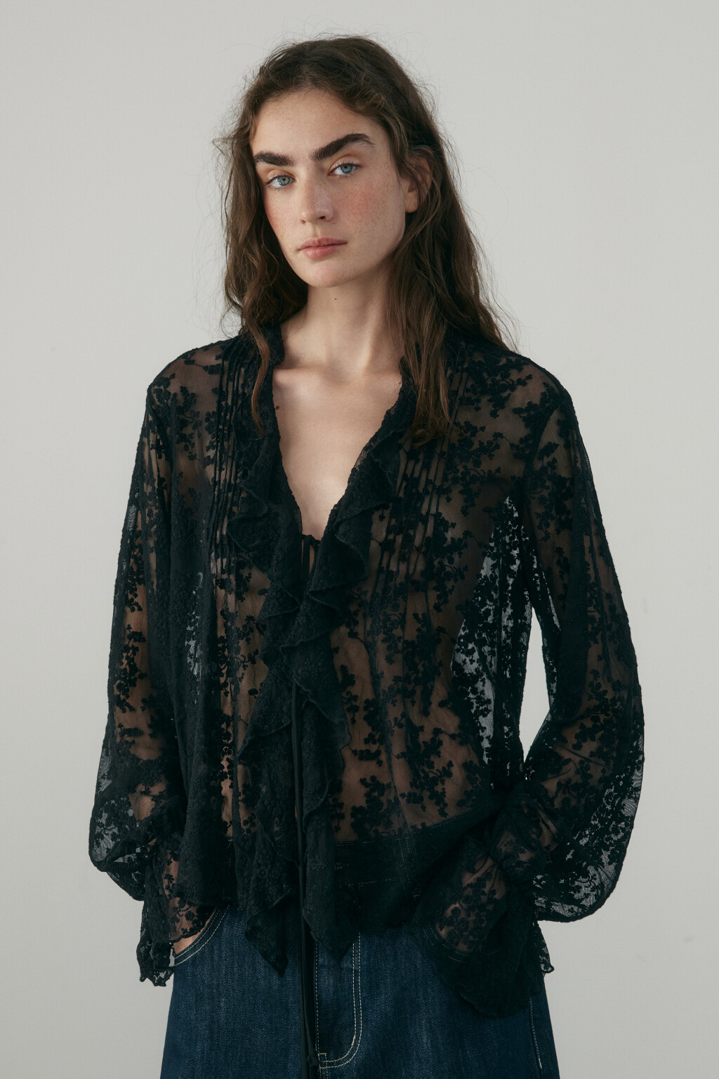 Блузка кружевная на шнуровке - цвет черный - 5