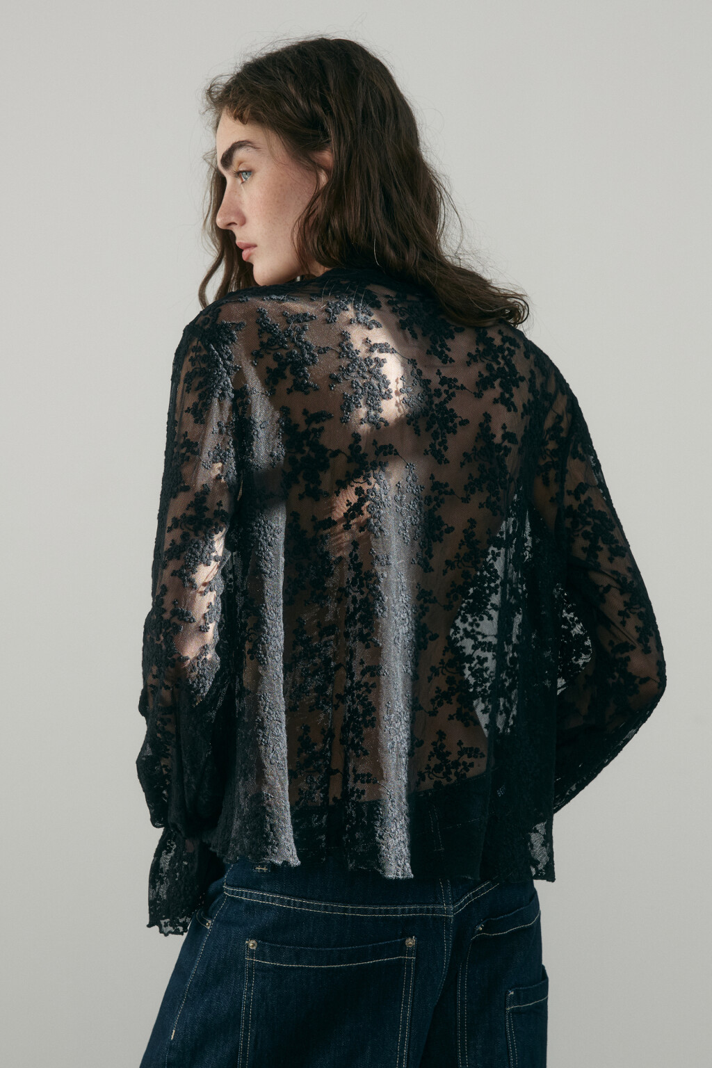 Блузка кружевная на шнуровке - цвет черный - 6