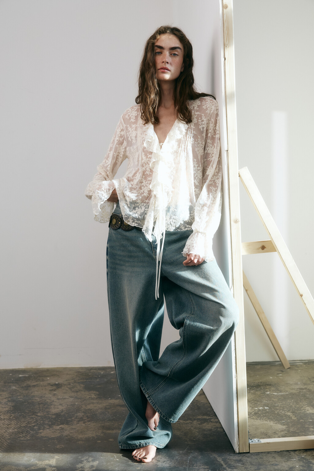 Блузка кружевная на шнуровке - цвет молочный - 1