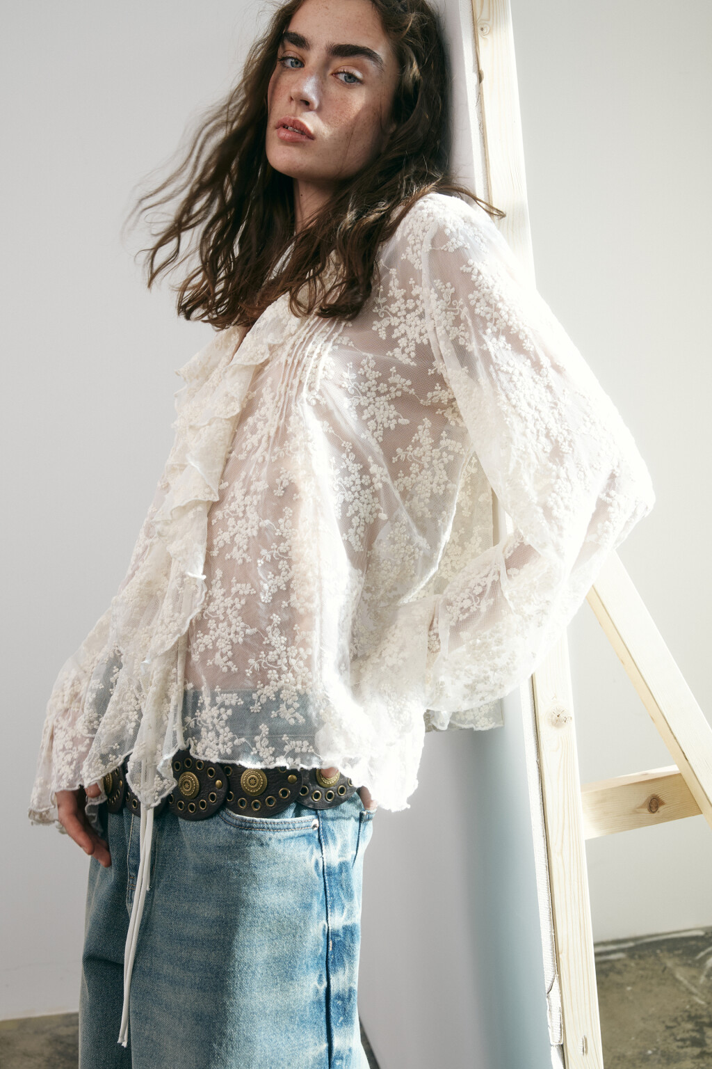 Блузка кружевная на шнуровке - цвет молочный - 2