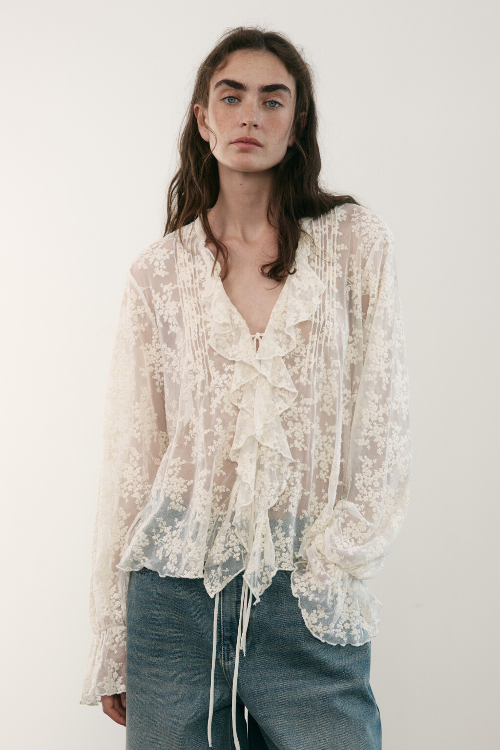 Блузка кружевная на шнуровке - цвет молочный - 4