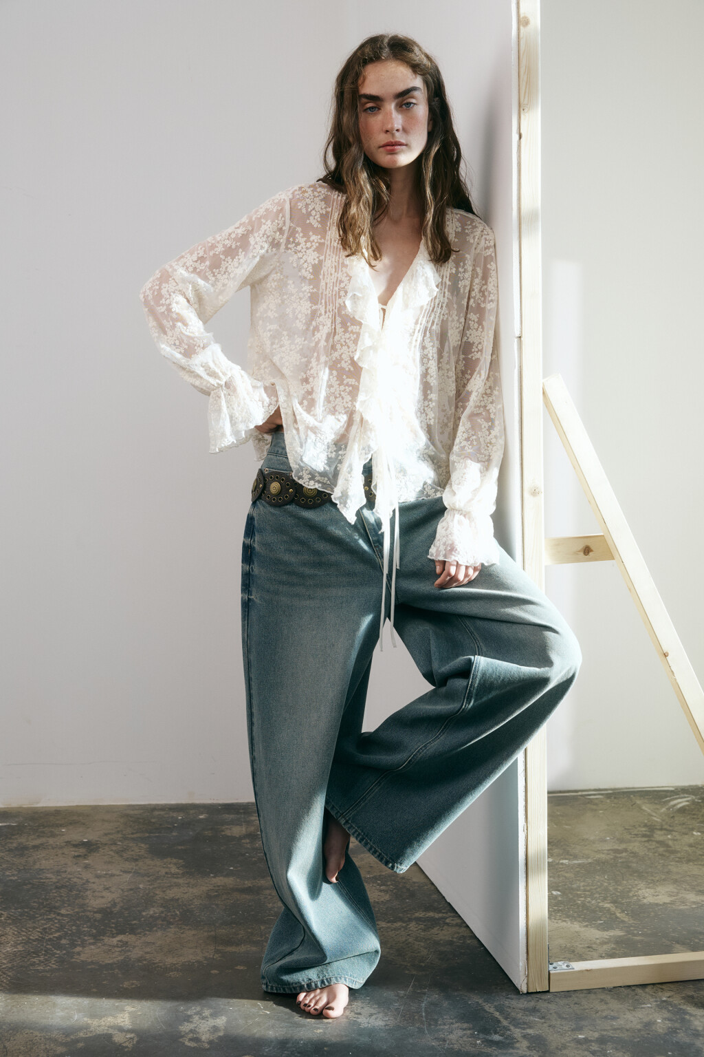 Блузка кружевная на шнуровке - цвет молочный - 6