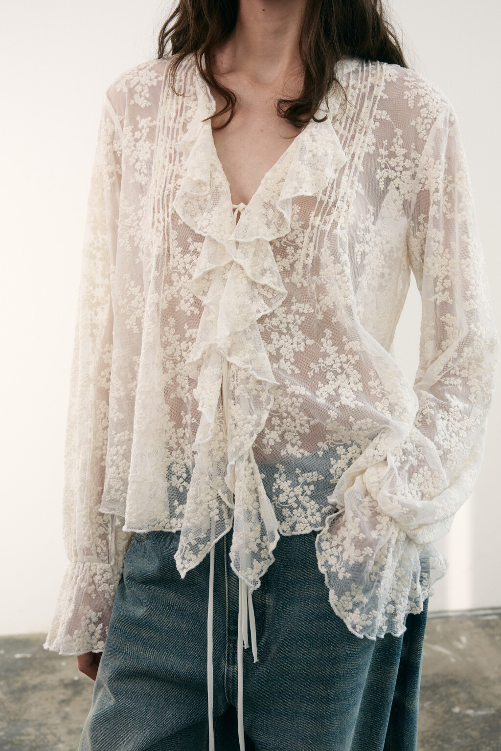 Блузка кружевная на шнуровке - цвет молочный - 7