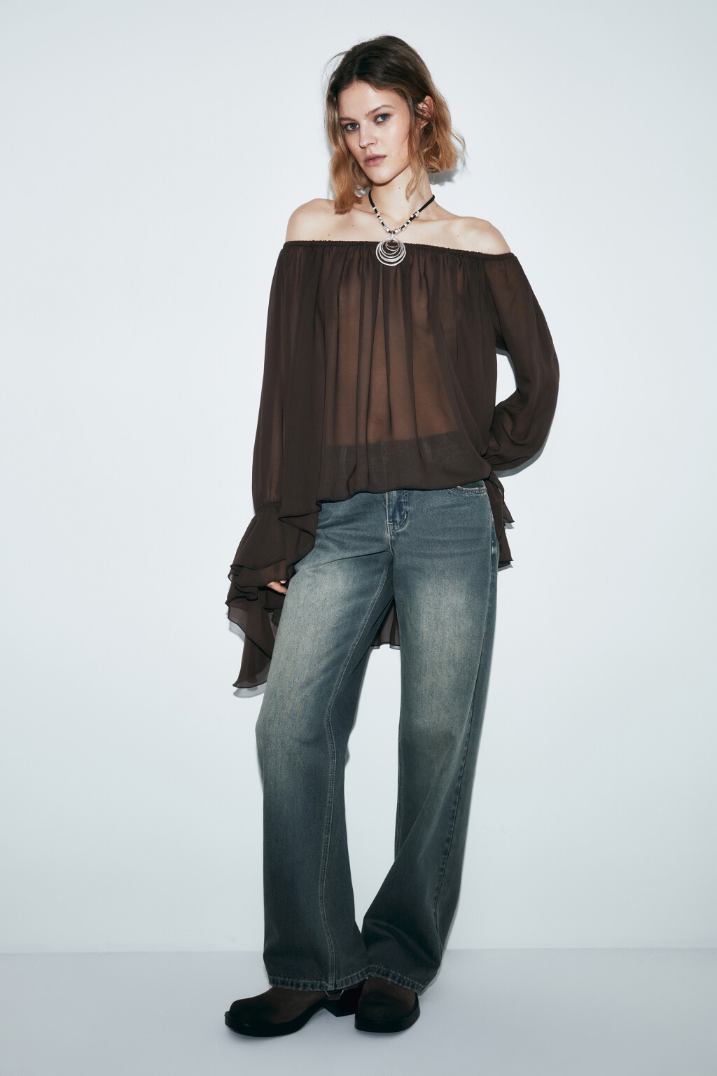 Блузка шифоновая с воланами - цвет коричневый - 4