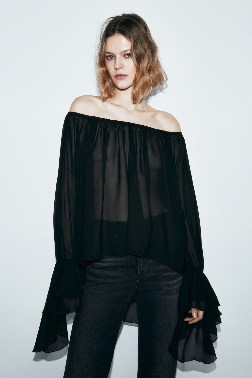 Блузка шифоновая с воланами - цвет черный - 3