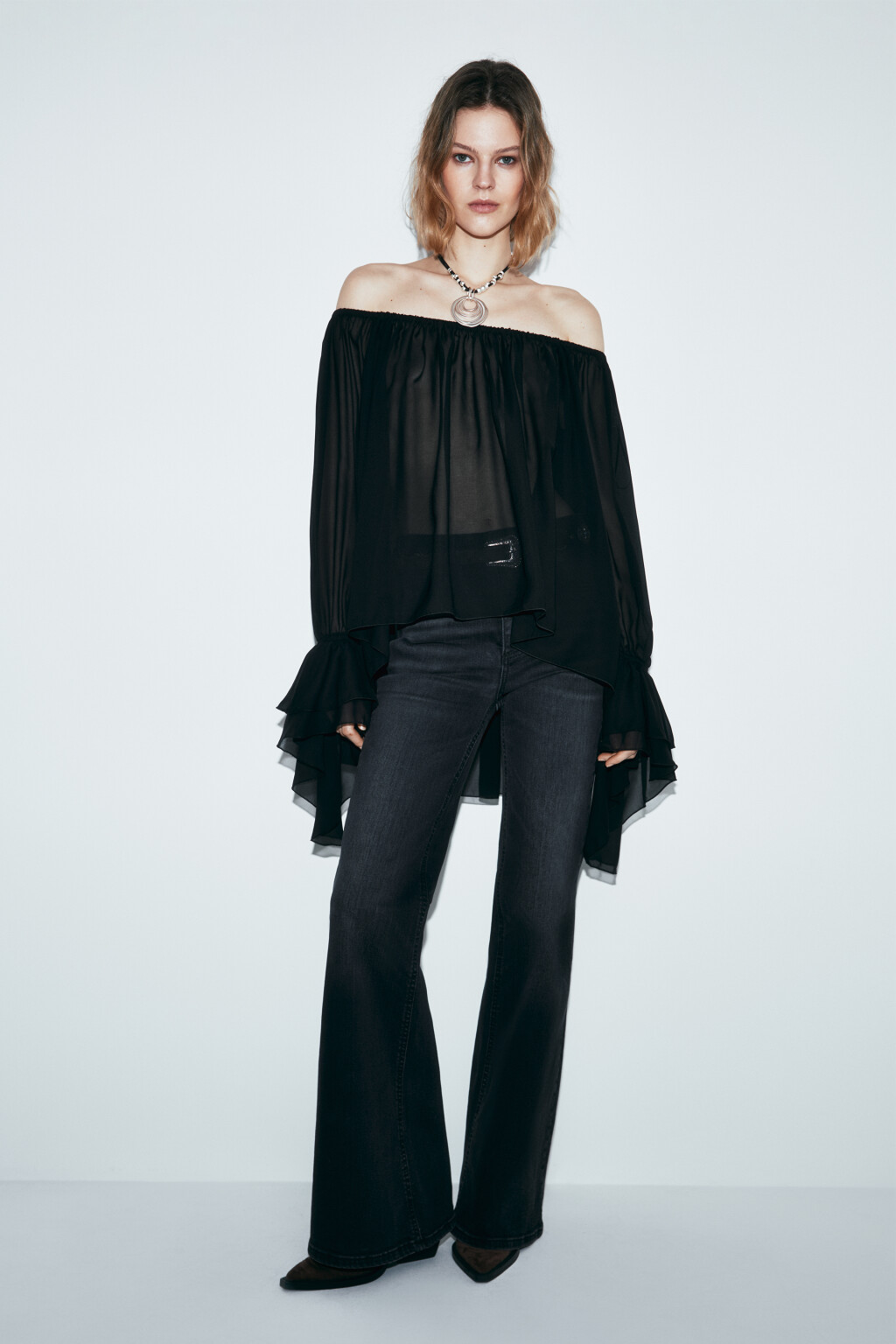 Блузка шифоновая с воланами - цвет черный - 5