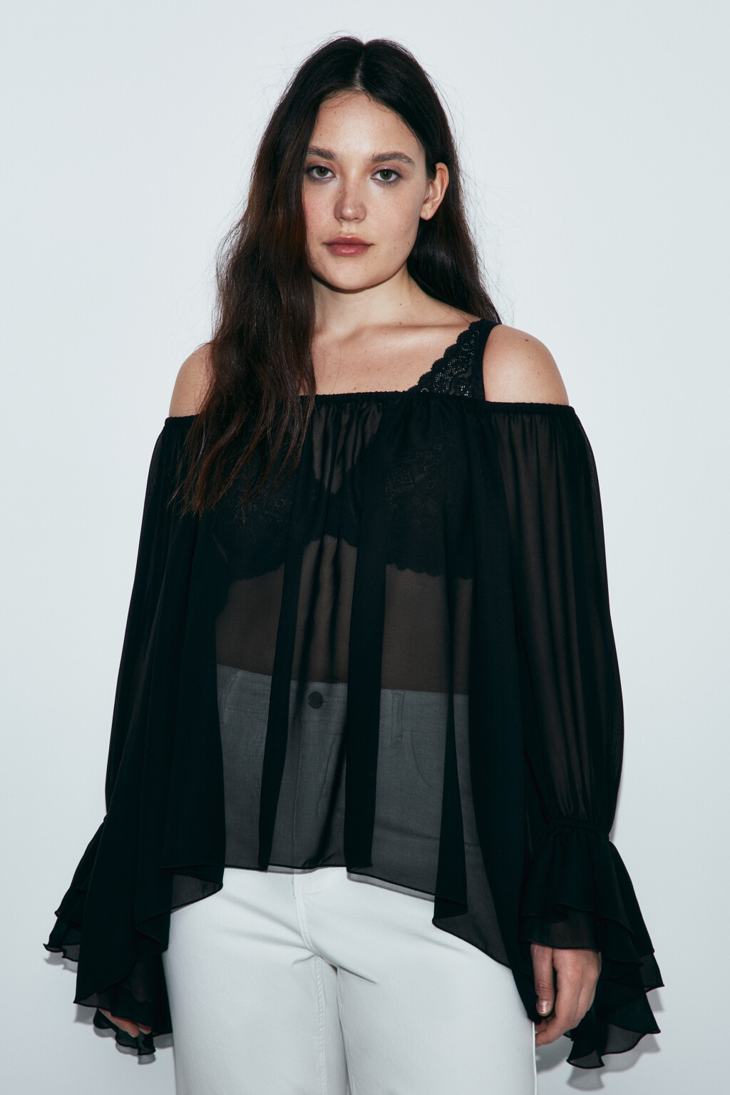 Блузка шифоновая с воланами - цвет черный - 2