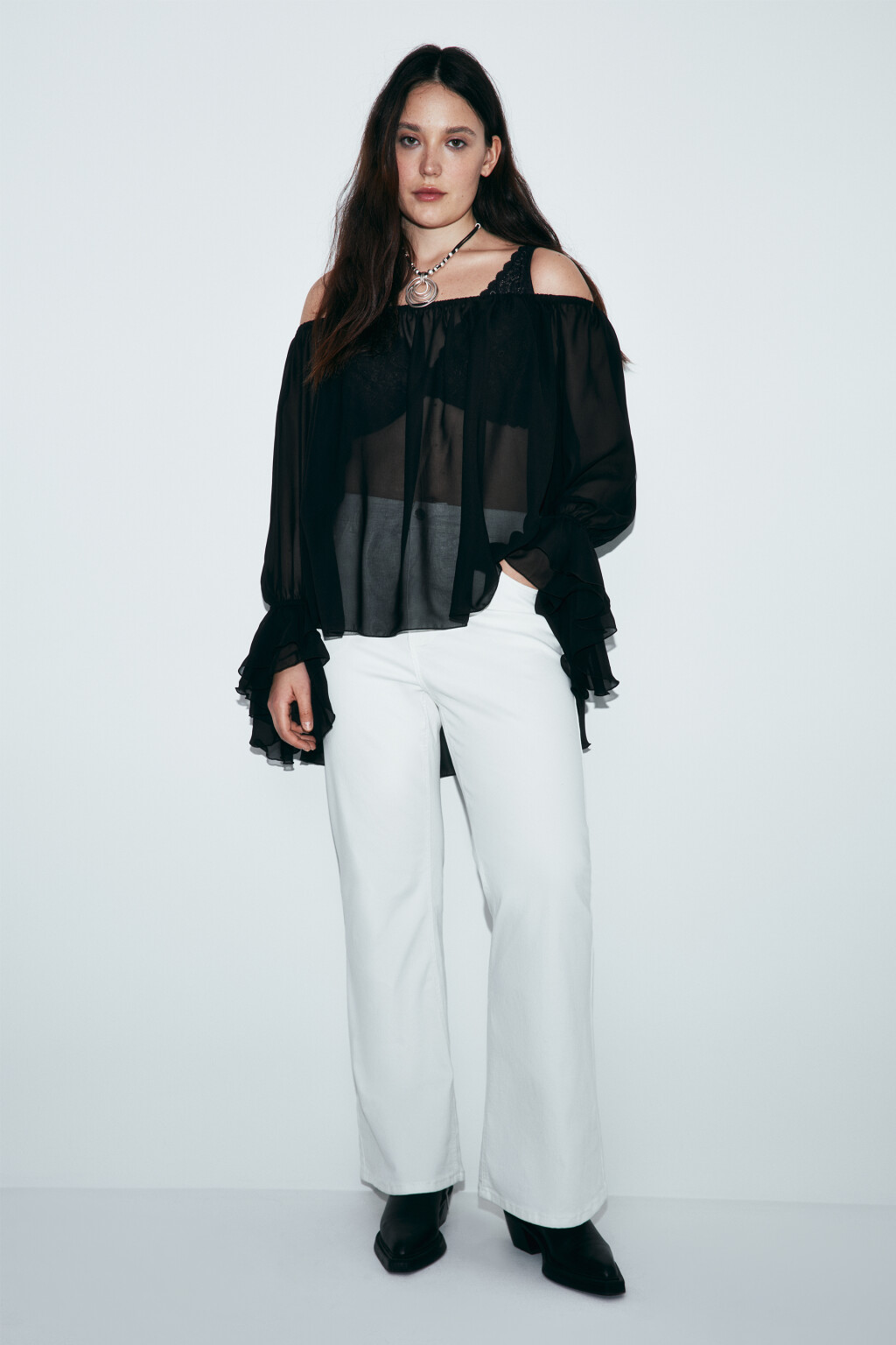 Блузка шифоновая с воланами - цвет черный - 4