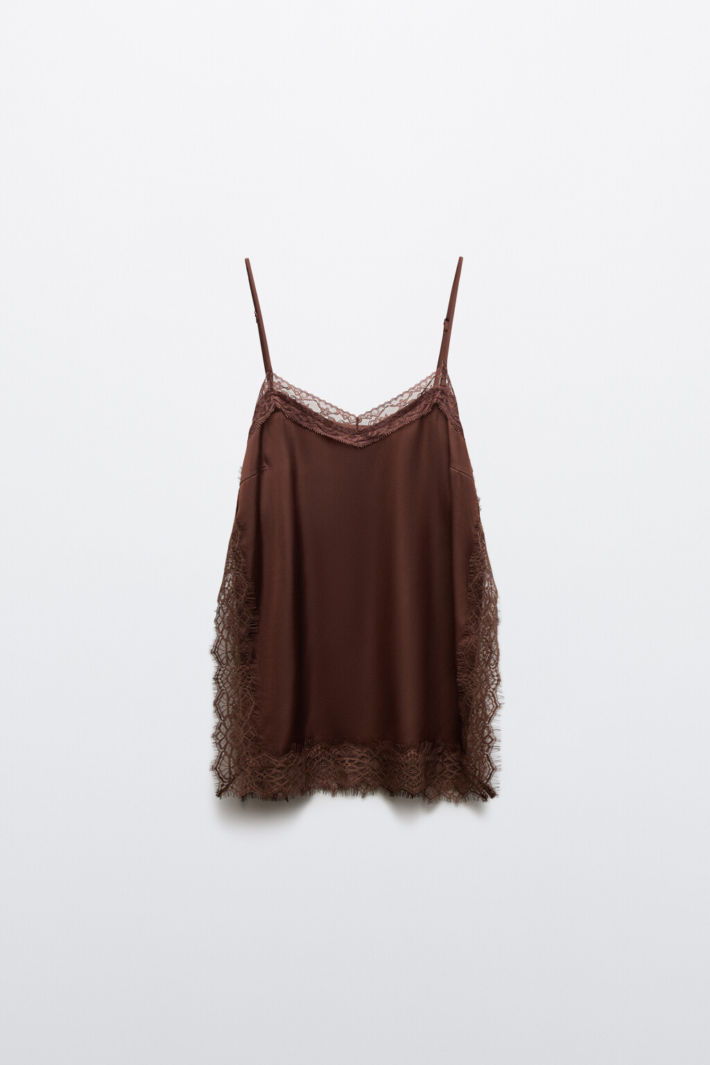 Майка-топ атласная на бретелях с кружевом - цвет коричневый - 7
