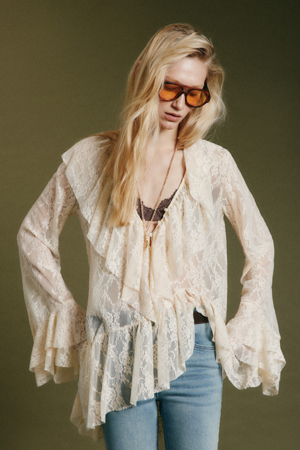 Блузка-туника кружевная с воланами - цвет молочный - 4