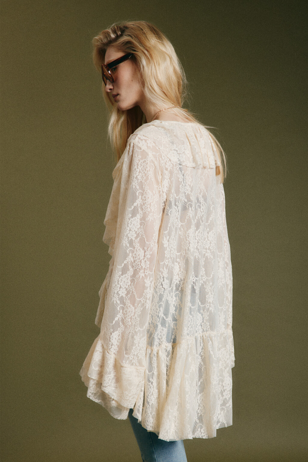 Блузка-туника кружевная с воланами - цвет молочный - 5