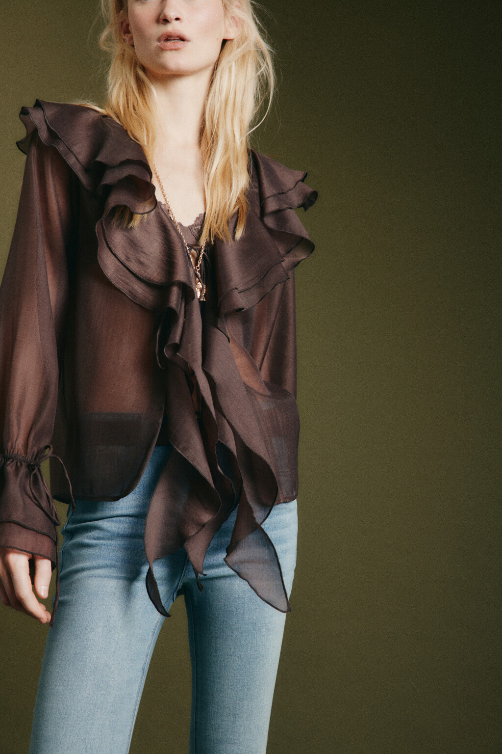 Блузка шифоновая с воланами на завязках - цвет коричневый - 1