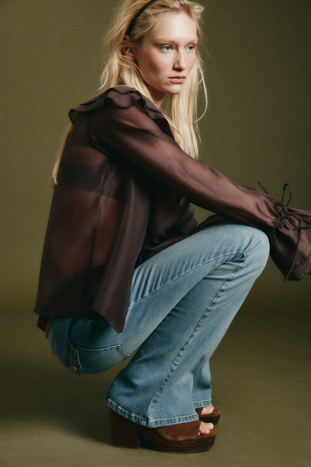 Блузка шифоновая с воланами на завязках - цвет коричневый - 2