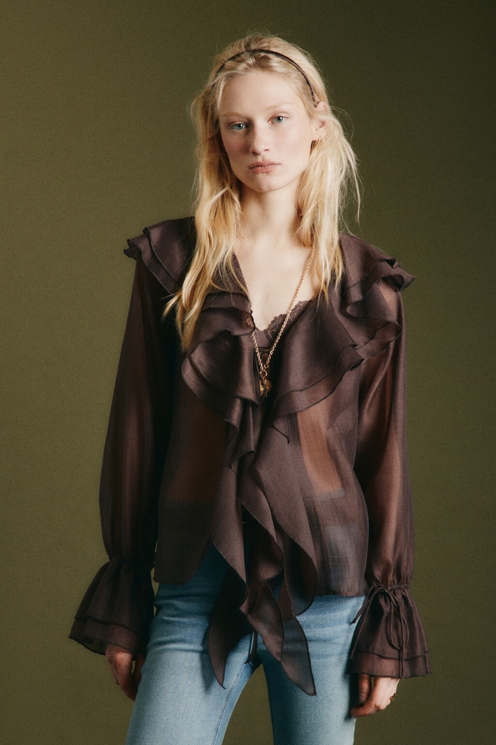 Блузка шифоновая с воланами на завязках - цвет коричневый - 3