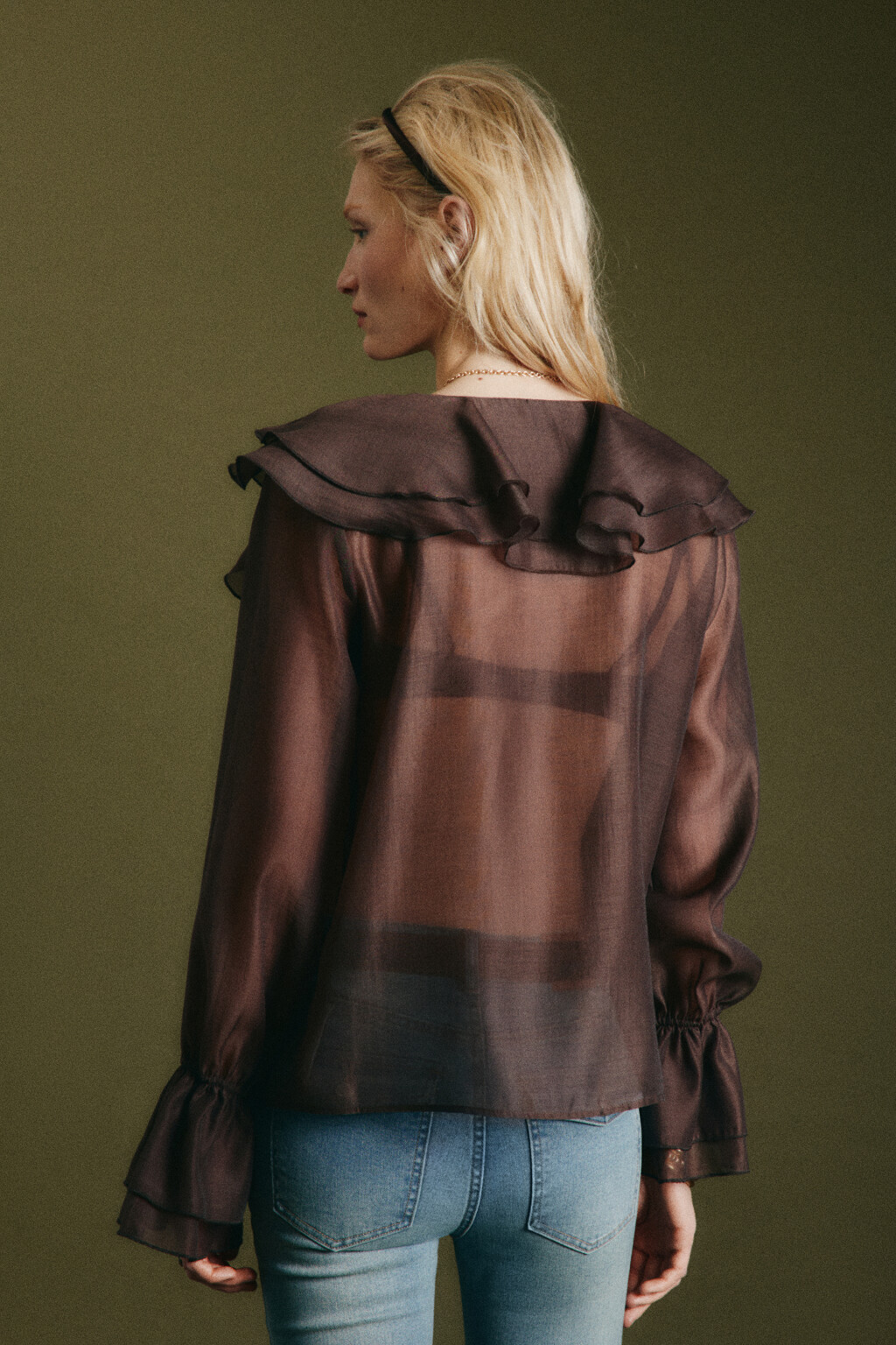 Блузка шифоновая с воланами на завязках - цвет коричневый - 4