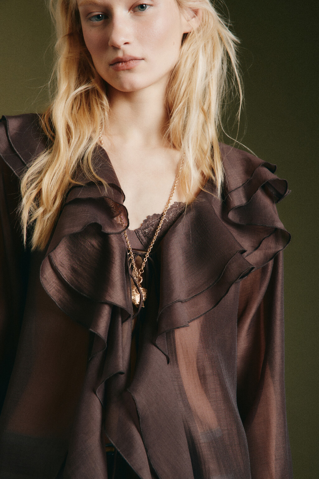 Блузка шифоновая с воланами на завязках - цвет коричневый - 6