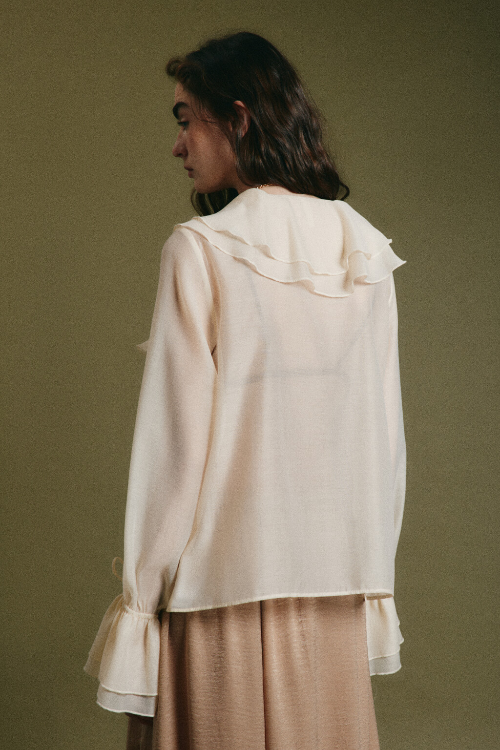 Блузка шифоновая с воланами на завязках - цвет молочный - 3