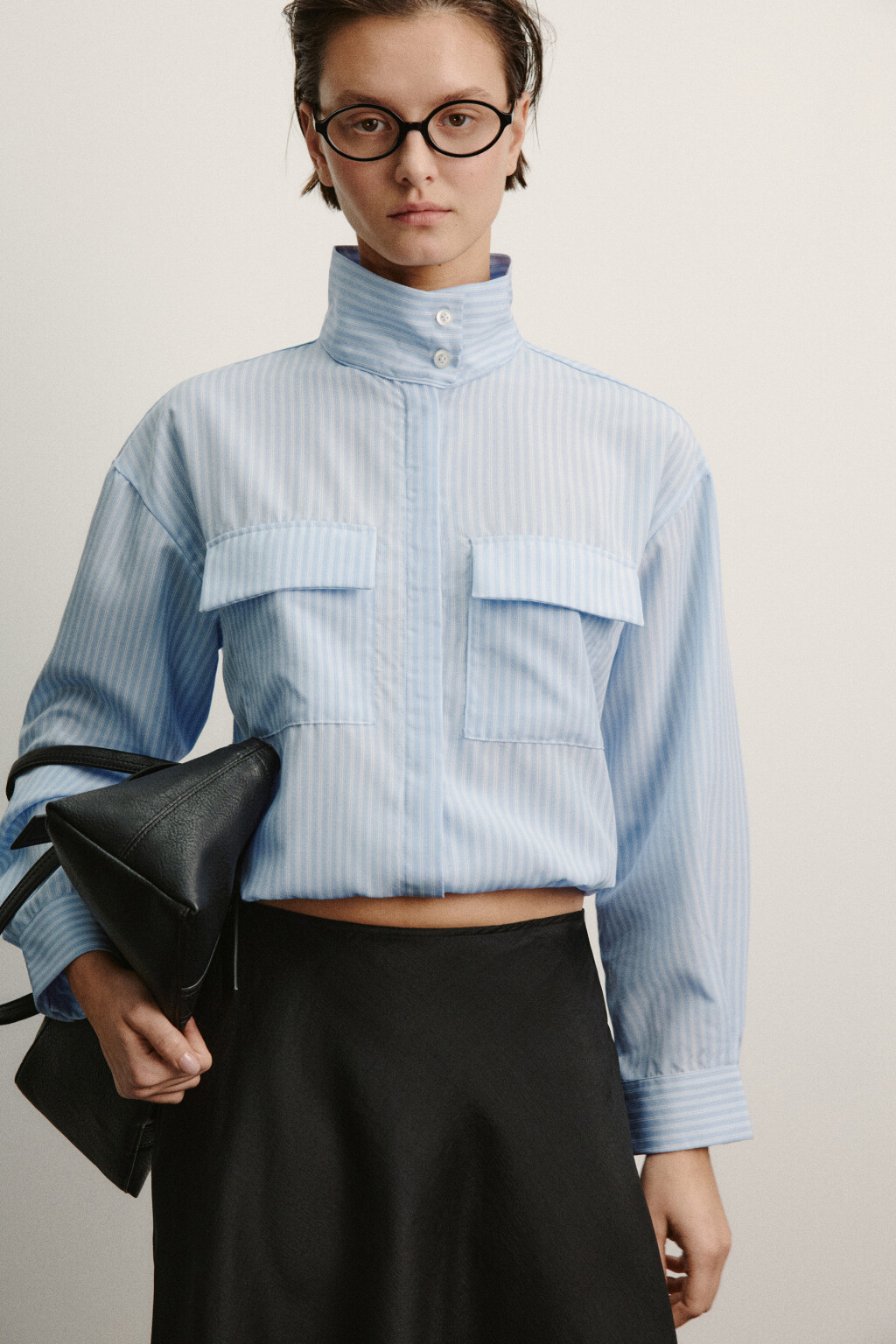 Рубашка в полоску с воротником-стойкой - цвет голубой - 1
