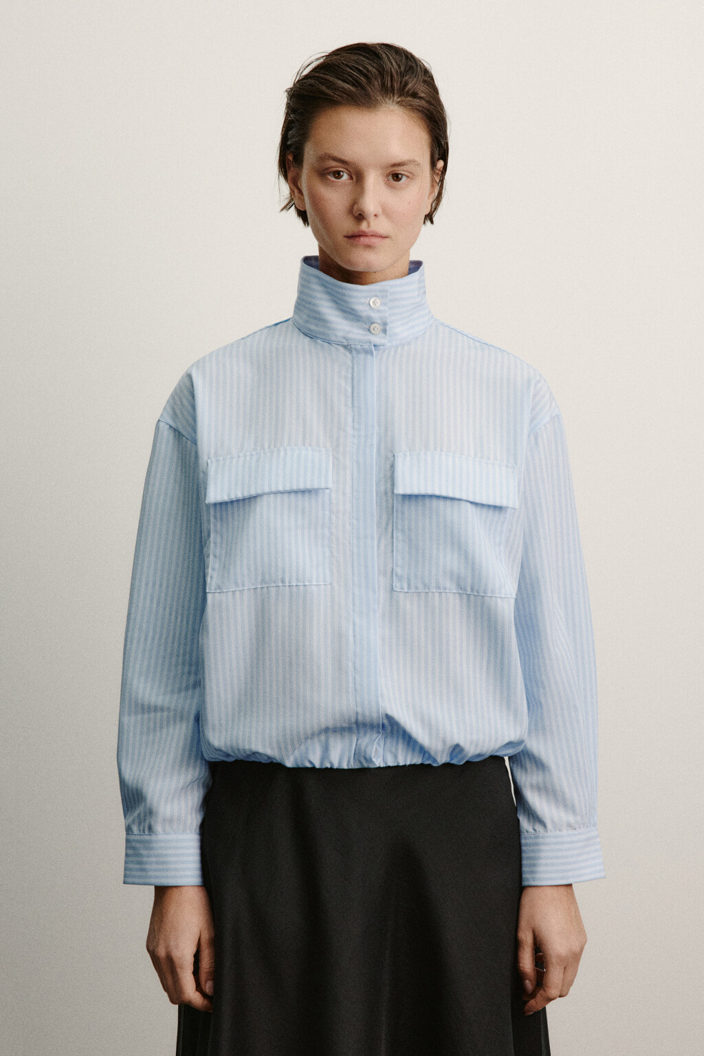 Рубашка в полоску с воротником-стойкой - цвет голубой - 2