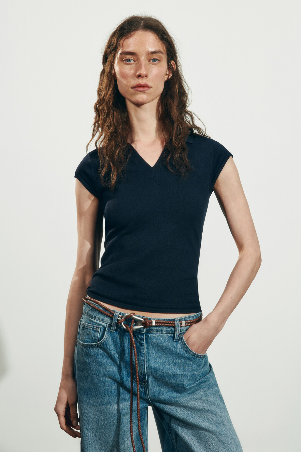 Футболка-поло вязаная с рукавами-крылышками - цвет синий - 3