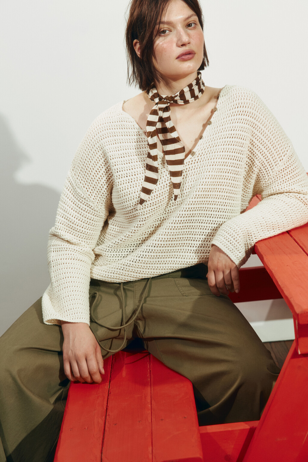 Джемпер кроше оверсайз на пуговицах - цвет ванильный - 1