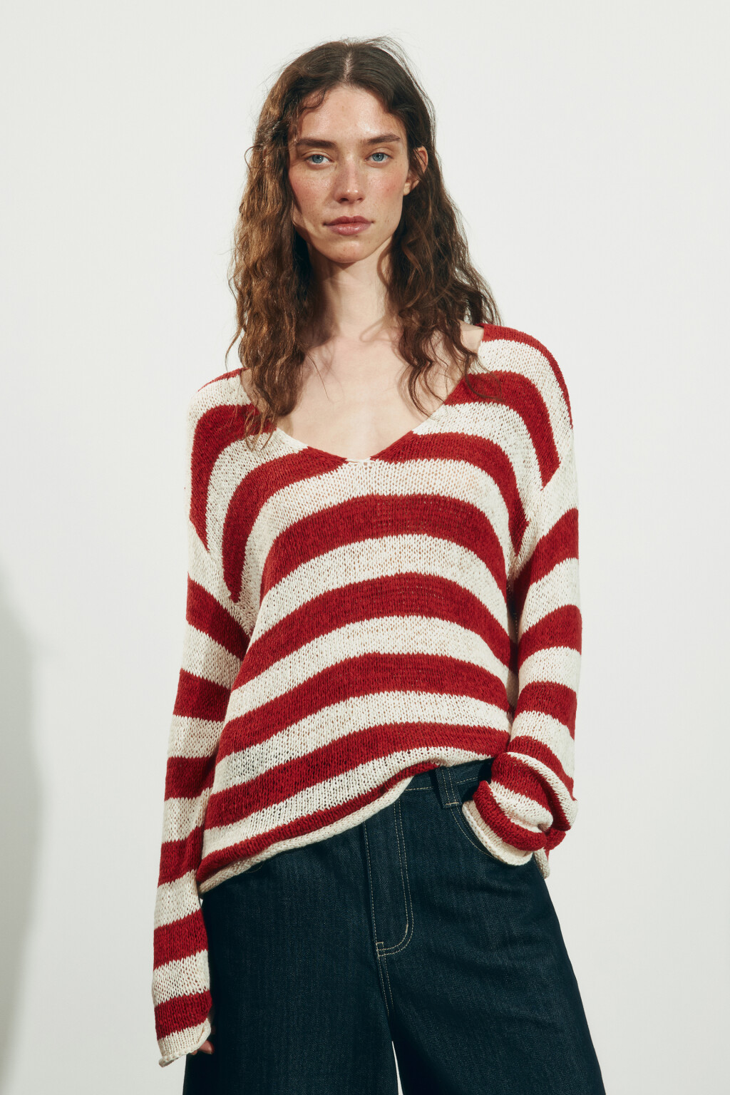 Джемпер вязаный из ленточной пряжи в полоску - цвет зеленый - 3