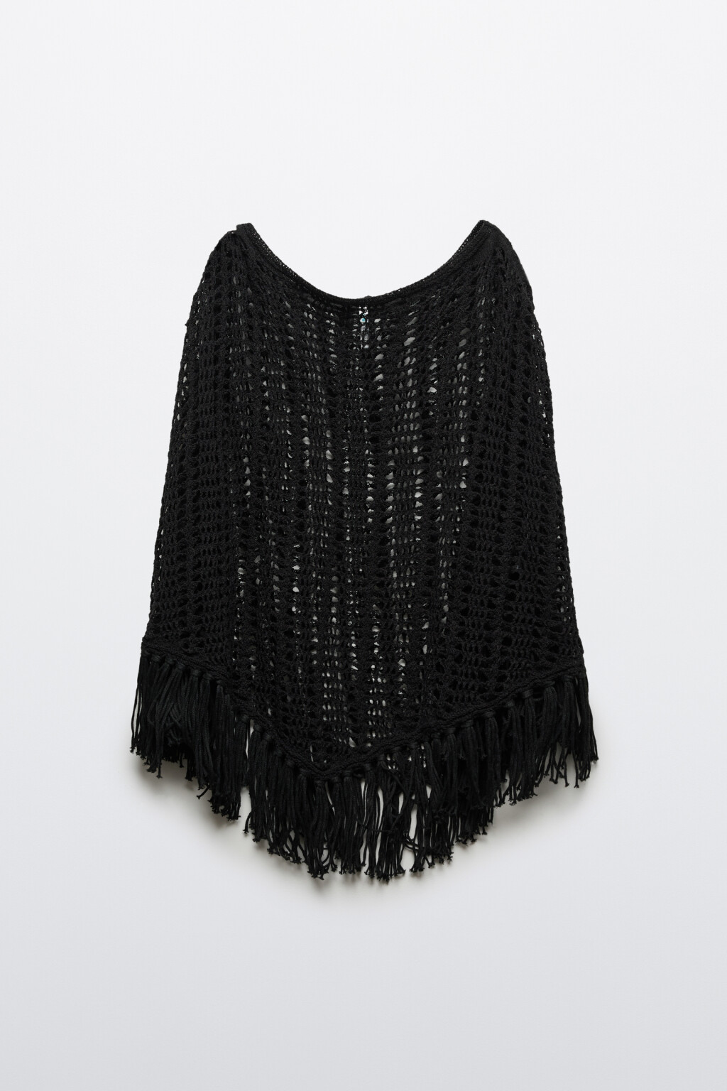 Накидка-пончо вязаная с бахромой - цвет черный - 1
