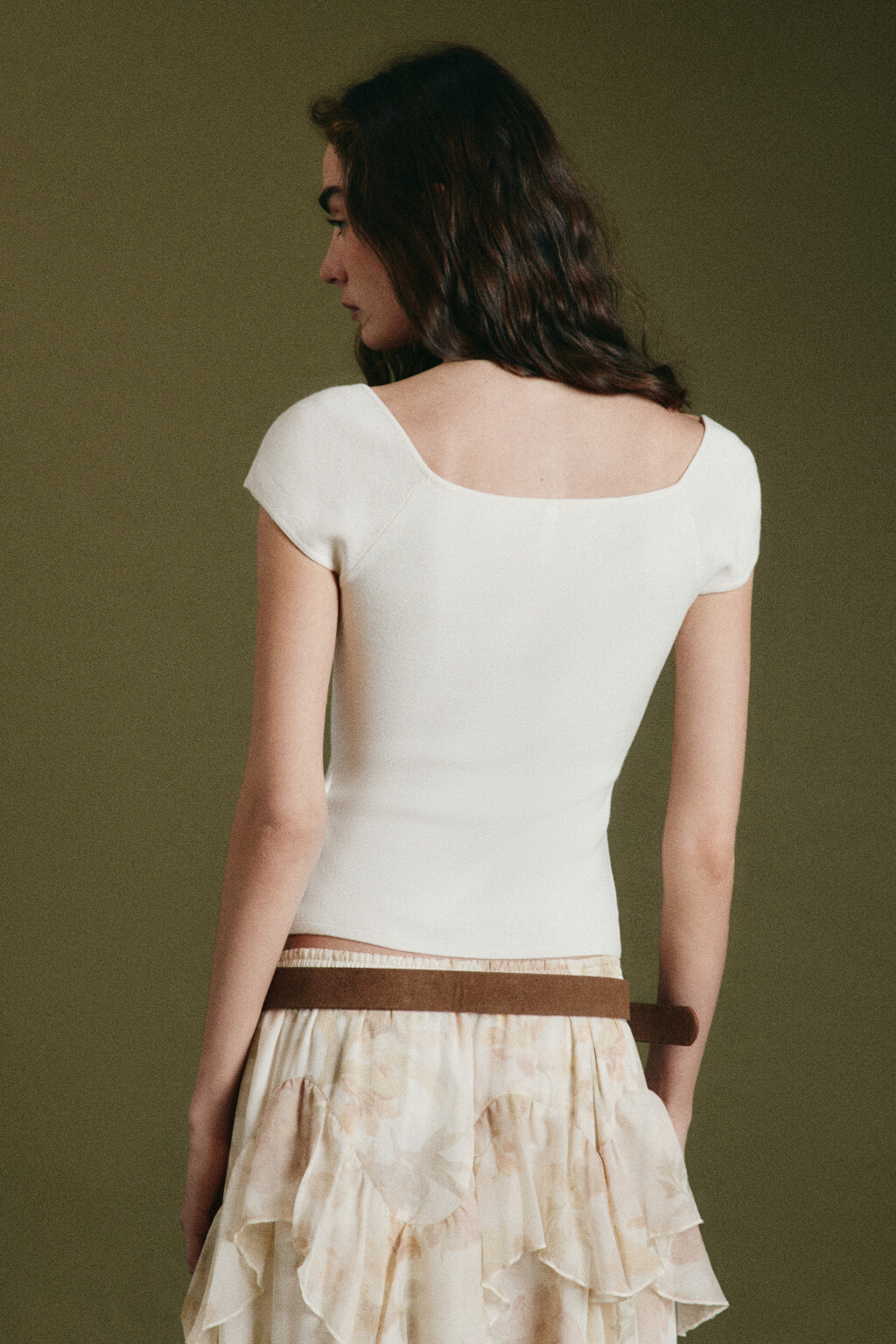 Блузка вязаная с короткими рукавами и сборкой - цвет молочный - 3