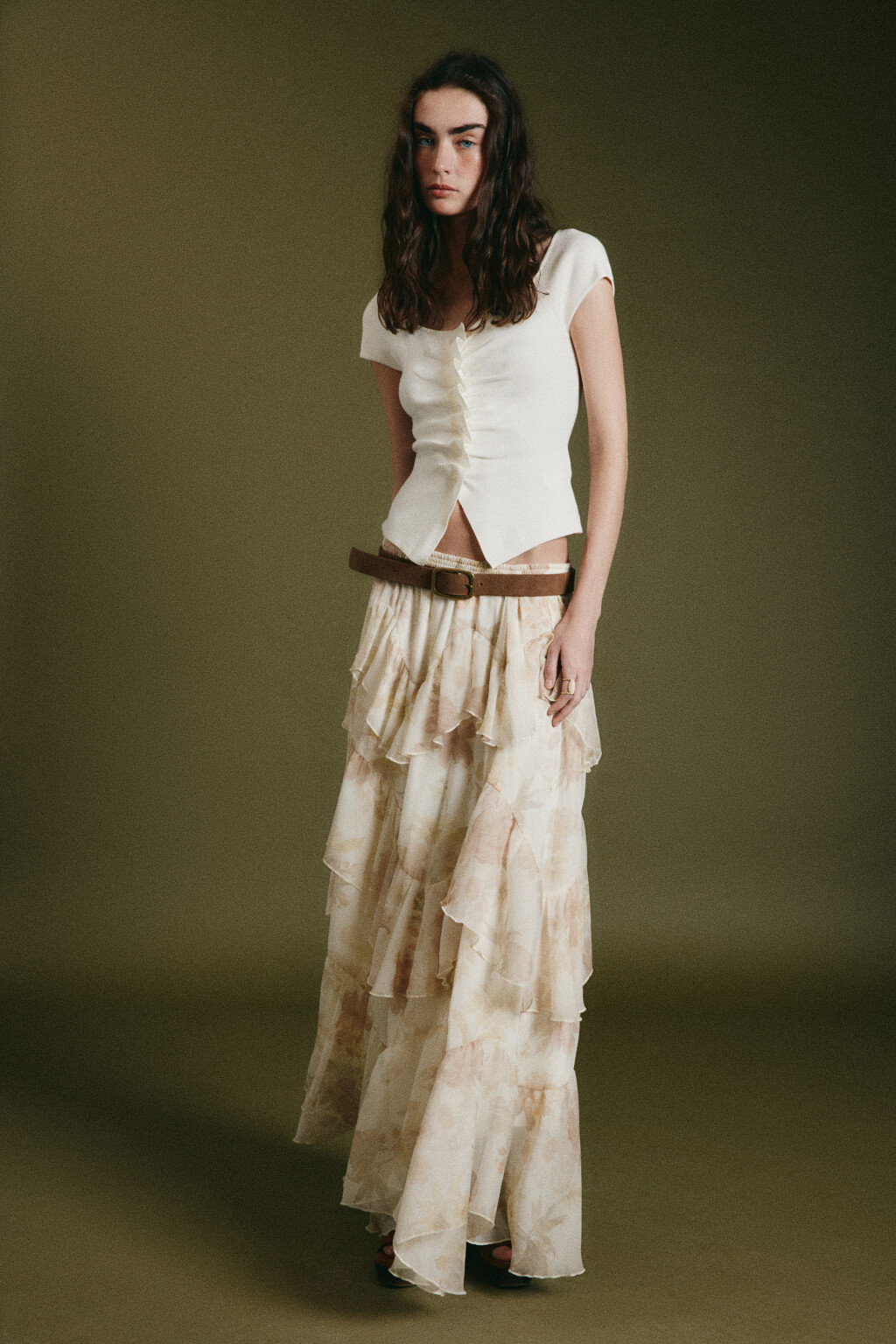 Блузка вязаная с короткими рукавами и сборкой - цвет молочный - 4