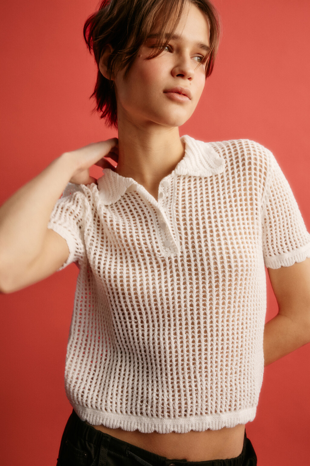 Футболка-поло кроше с волнистыми краями - цвет молочный - 1