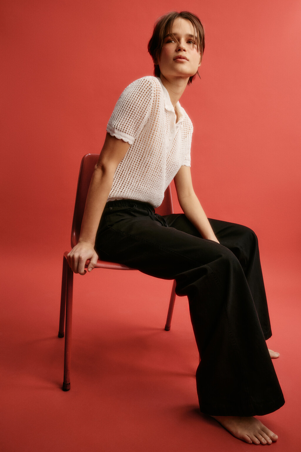 Футболка-поло кроше с волнистыми краями - цвет молочный - 2