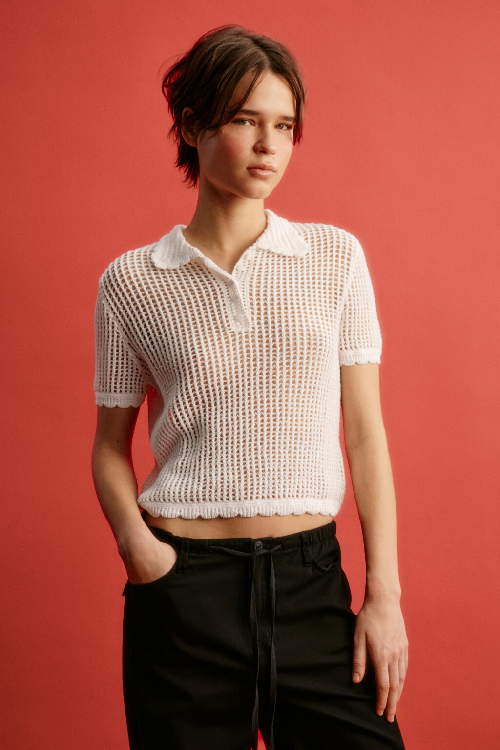 Футболка-поло кроше с волнистыми краями - цвет молочный - 3