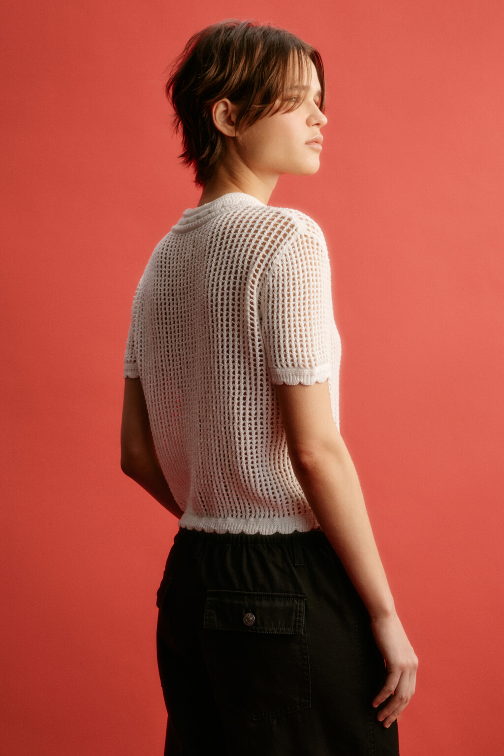 Футболка-поло кроше с волнистыми краями - цвет молочный - 4