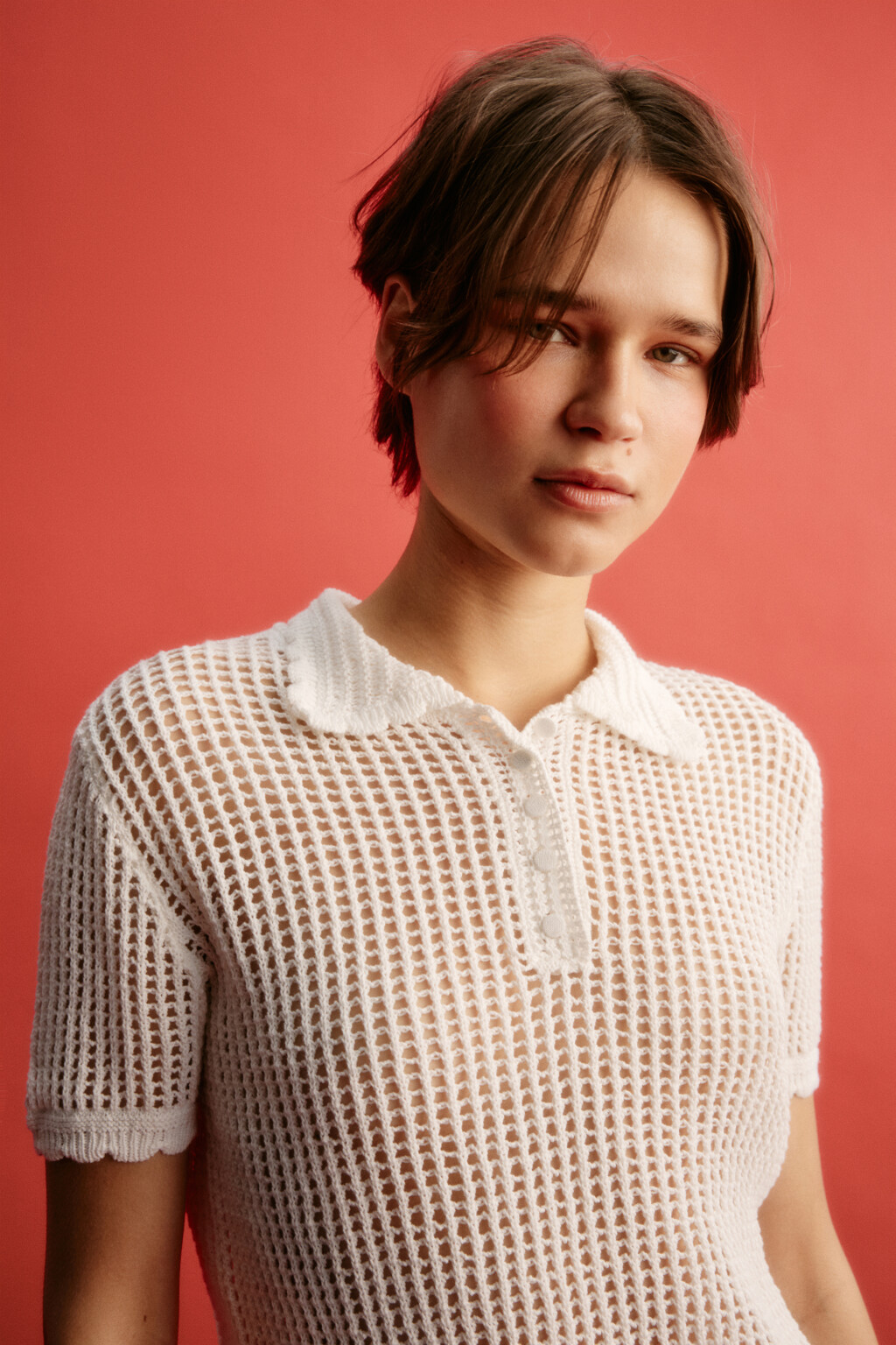 Футболка-поло кроше с волнистыми краями - цвет молочный - 7