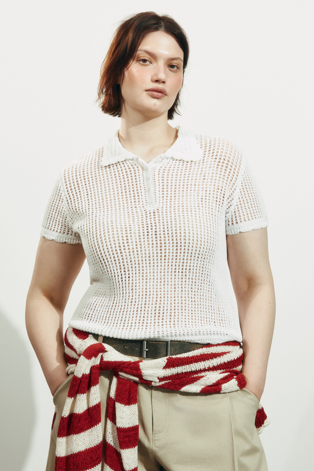 Футболка-поло кроше с волнистыми краями - цвет молочный - 1