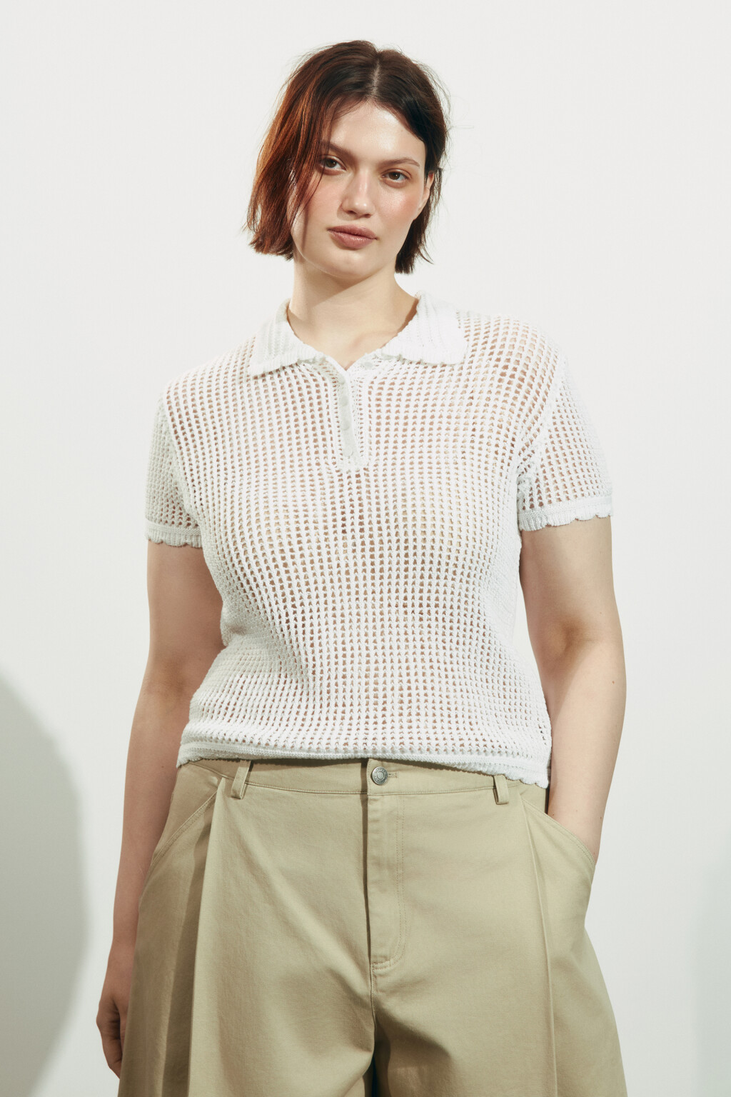 Футболка-поло кроше с волнистыми краями - цвет молочный - 2