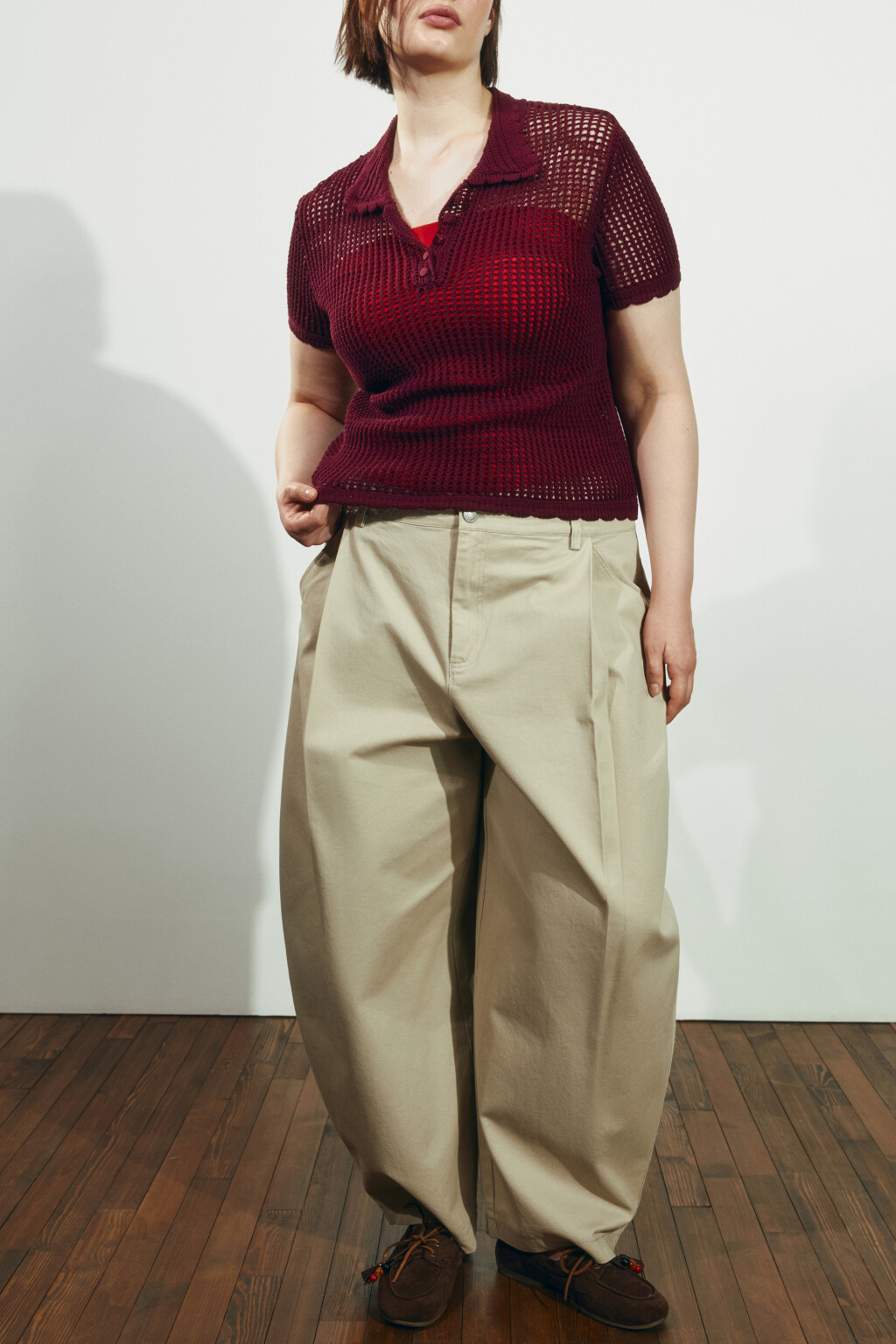 Футболка-поло кроше с волнистыми краями - цвет бордовый - 1