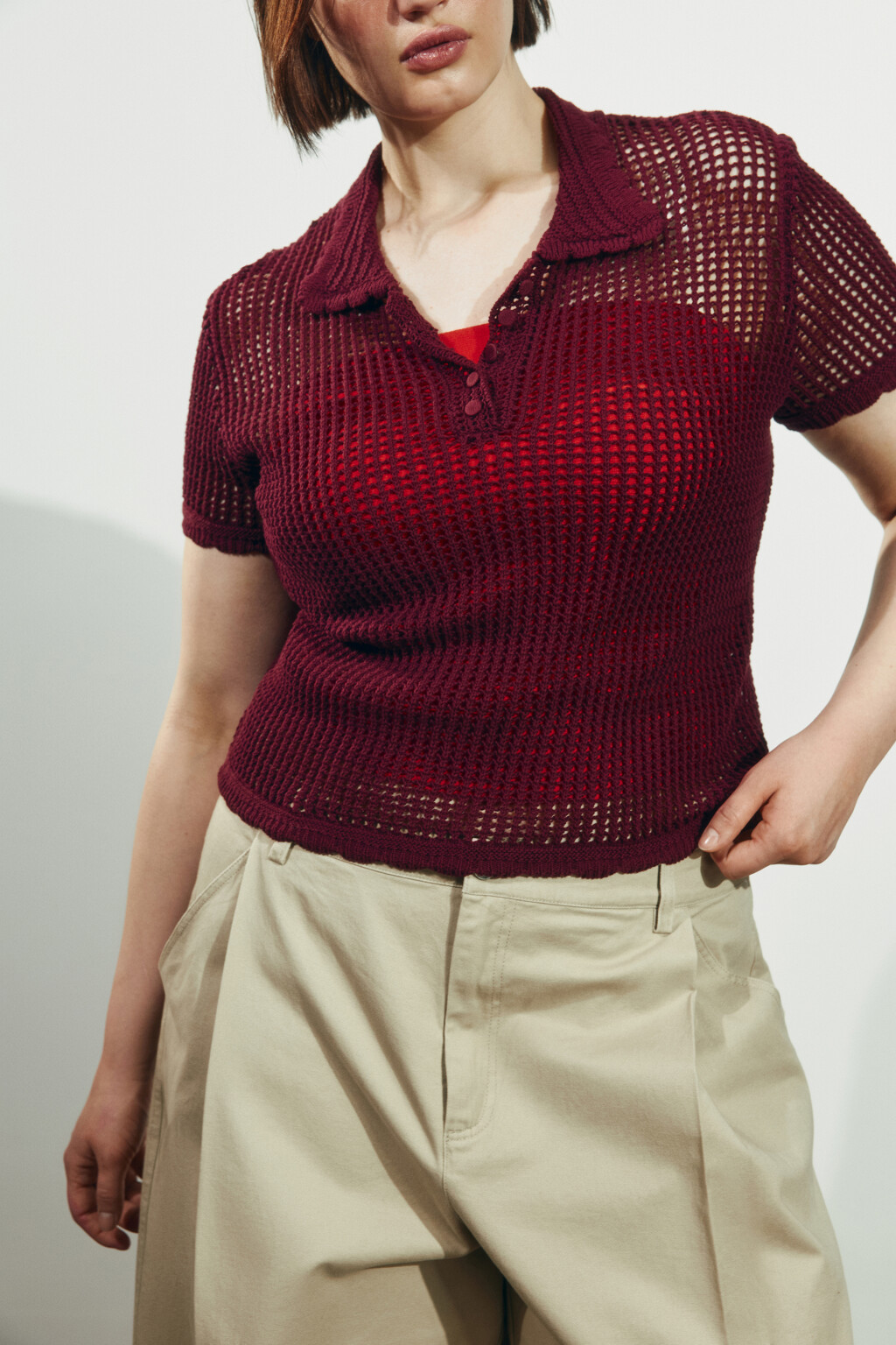 Футболка-поло кроше с волнистыми краями - цвет бордовый - 2