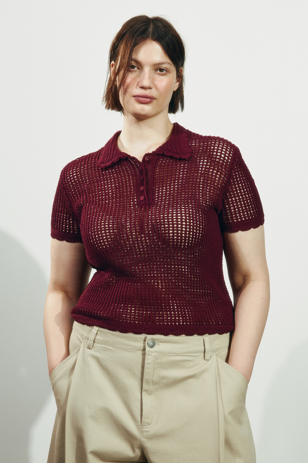 Футболка-поло кроше с волнистыми краями - цвет бордовый - 3