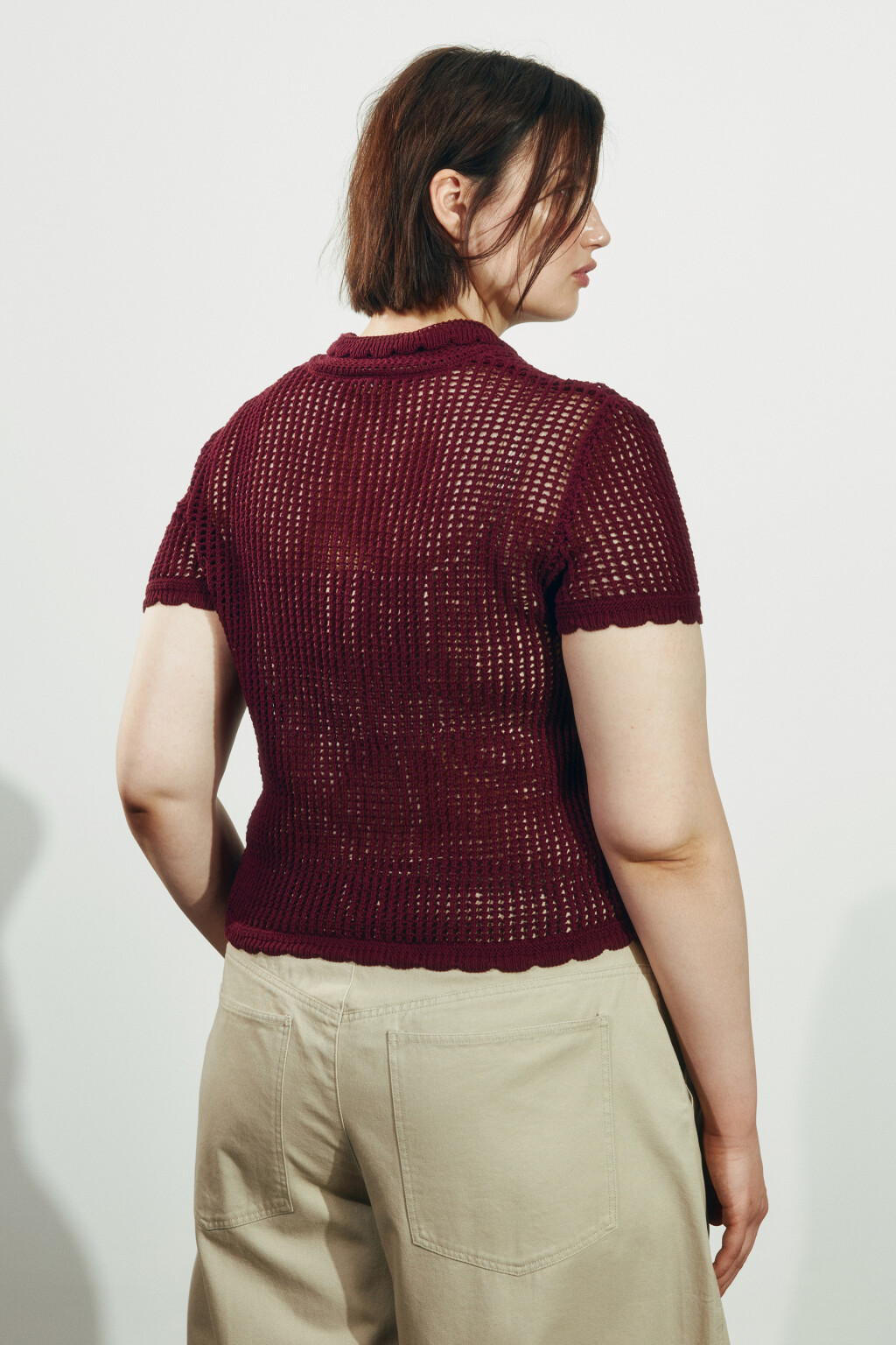 Футболка-поло кроше с волнистыми краями - цвет бордовый - 4