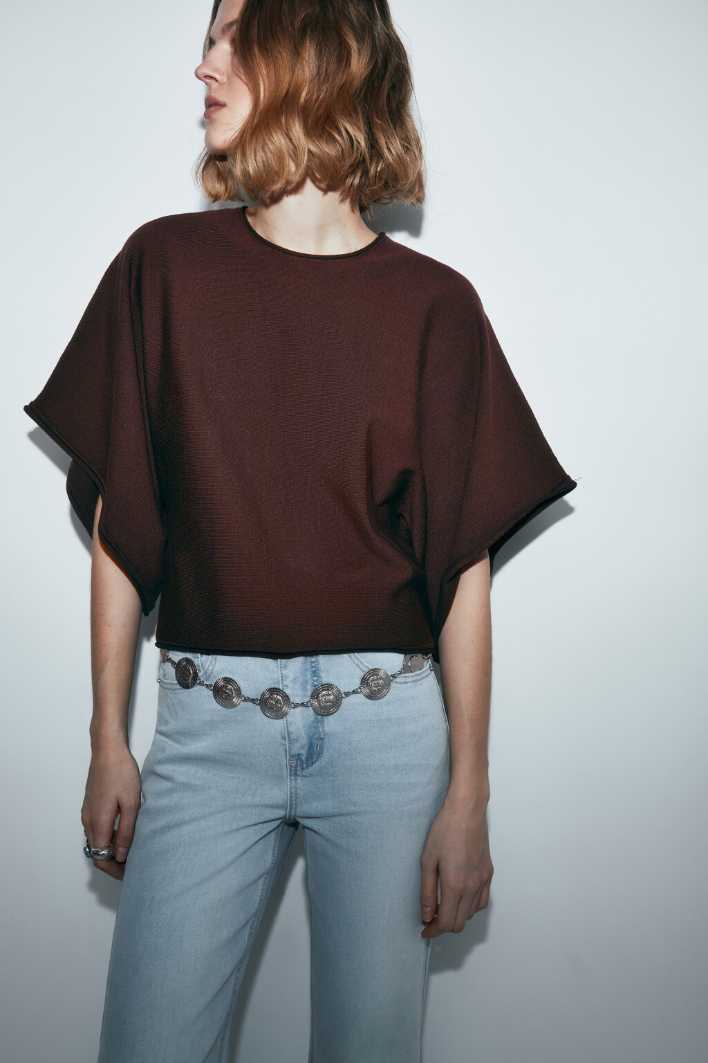 Джемпер вязаный вискозный с объемными рукавами - цвет коричневый - 1