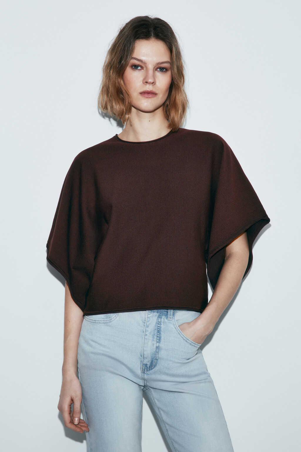 Джемпер вязаный вискозный с объемными рукавами - цвет коричневый - 2